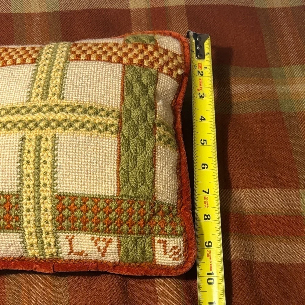 Vintage Needlepoint Pillow Green Orange Cream Plaid and Burnt Orange Velvet